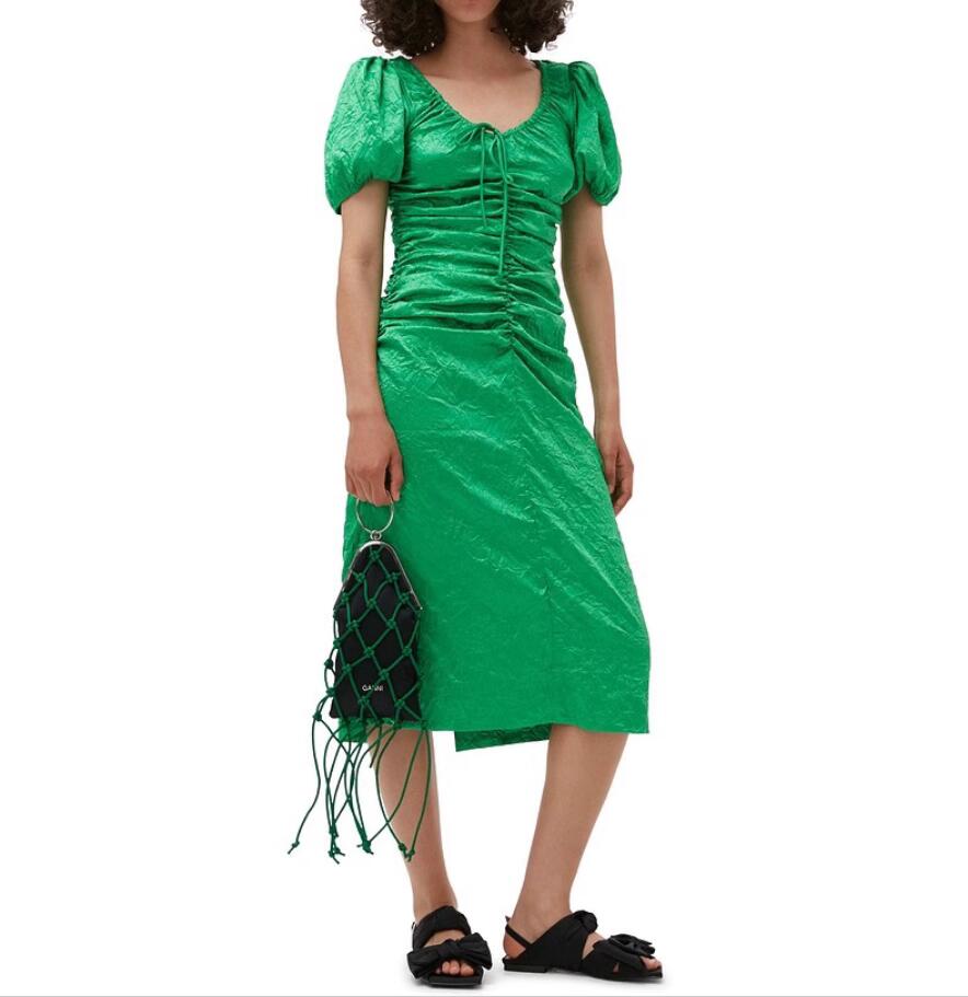 23 Summer New g-an-l Green U-neck Bubble Sleeve Slim Fit Pleated Sexy Silk Satin Dress Women's Dress