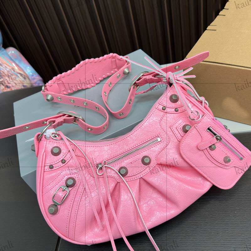 Barbie pink Motorcycle designer bag sling bag cross body bag metallic handbag rivet bag with mirror fashion shoulder bag 2 size wallet card holder