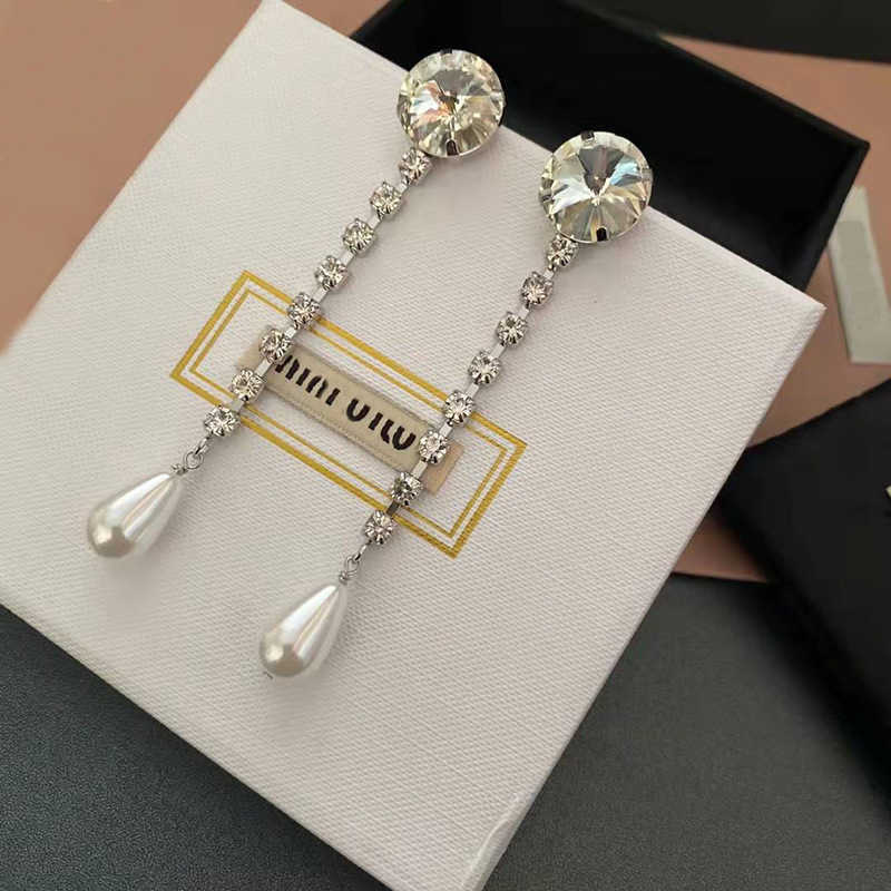 Charm designer Miu family earrings tassels long Miao drops pearl 925 silver temperament celebrity ins 80TH