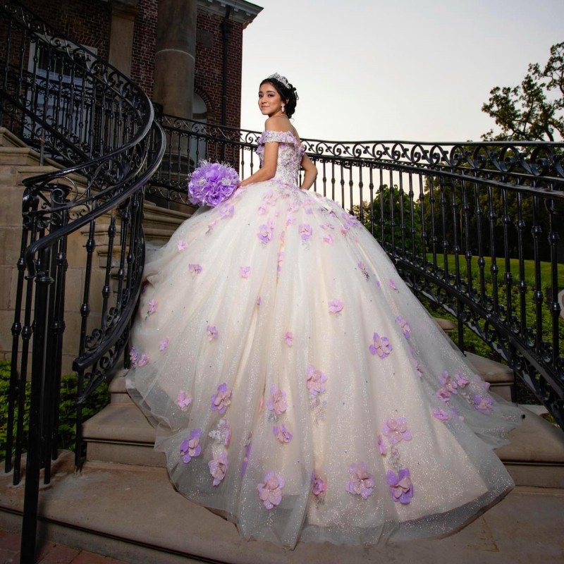 Elfenben glänsande sexig från axelbollklänningen quinceanera klänning för flickor födelsedagsfest klänningar prom klänningar 3d blommor vestido de 15 anos