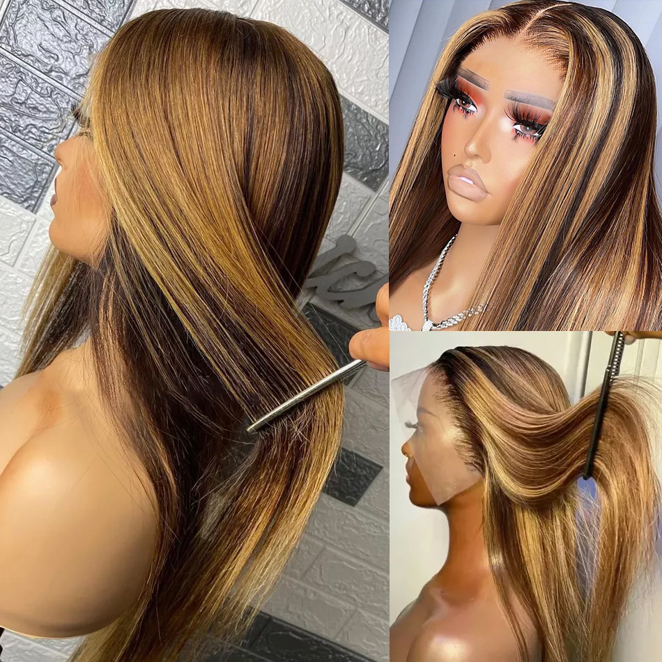 180%density Straight HD Transparent Highlight Wigs Human Hair 13x4 13x6 Lace Front Wigs 30 Inch Colored Ombre LaceFrontal Wig for Women