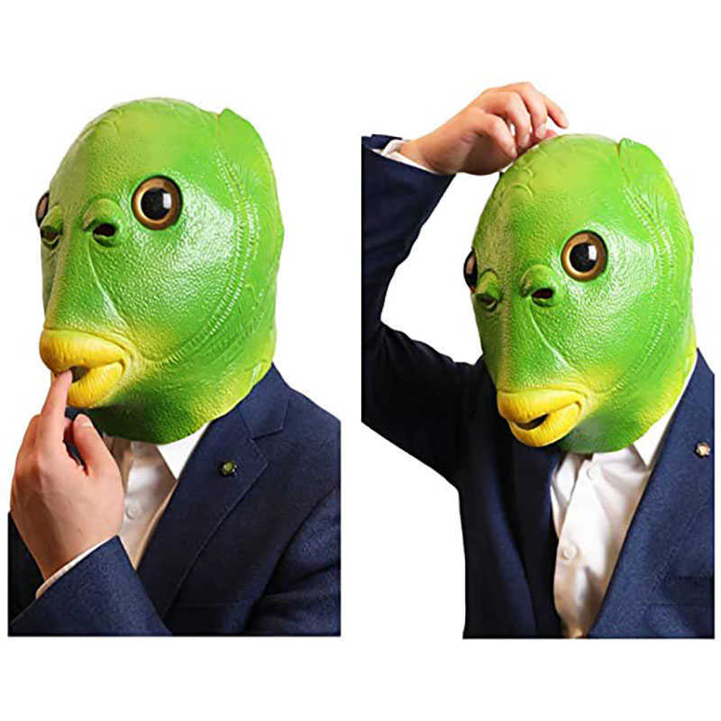Halloween Animal Mask Funny Toy Green Fish Head Rubber Party Helmet Monster Headgear Safe Non-toxic Face Cover Performance Prop HKD230810