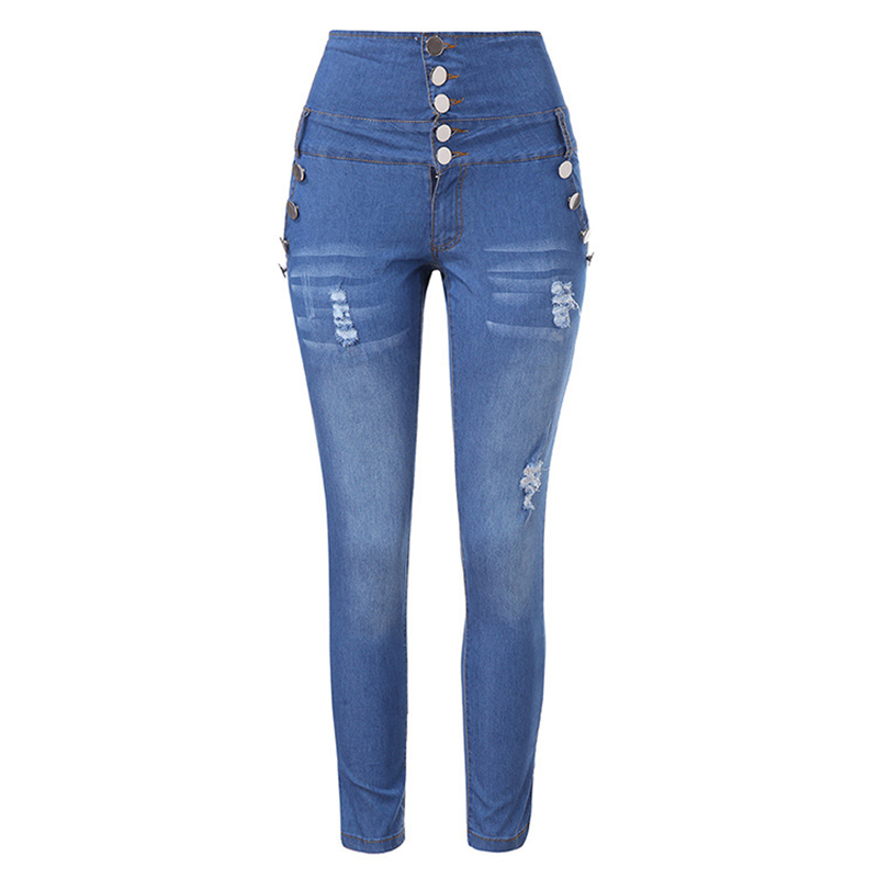 Jeans rasgados azuis Mulheres da primavera Autumn Autumn vintage Multi Button Canda alta jeans Skinny Ladies Sexy Push Up Slim Denim Calça