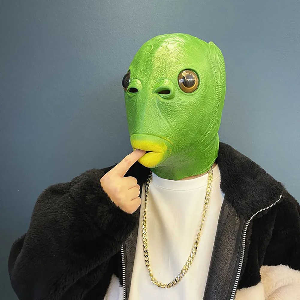 Funny Green Fish Head Mask for Adult Carnival Party Latex Halloween Cosplay Costume Mask Masquerade Cosplay Masks Scary Mask HKD230810