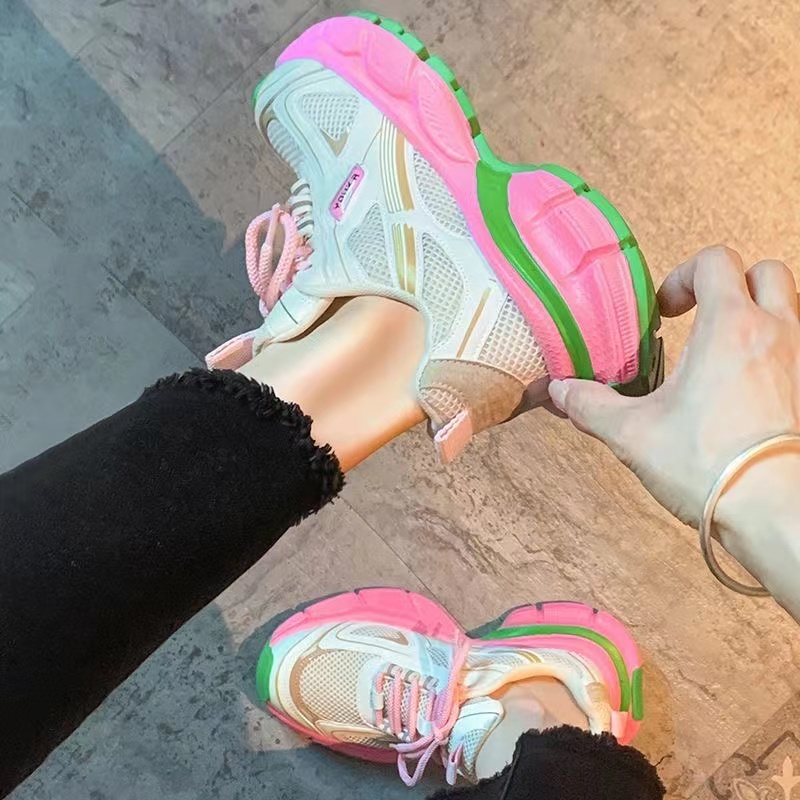 Pembe Mesh Spor Ayakkabıları Kadınlar İçin 2023 Yaz YENİ Y2K KALIN TOPLAR SPEAKERS Kore Yuvarlak Toe Çok Yönlü Ayakkabılar Tenis Casual Sneakers