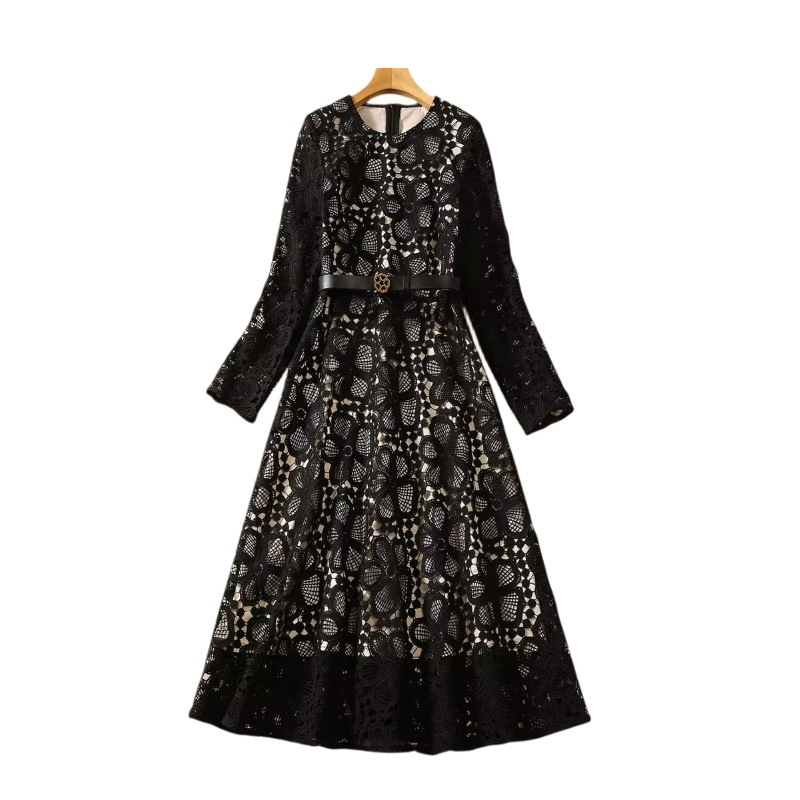 2023 Autumn Black Floral Lase Belted Sukienka z długim rękawem okrągła szyja panelowe sukienki midi Casual Sukienki S3G120809