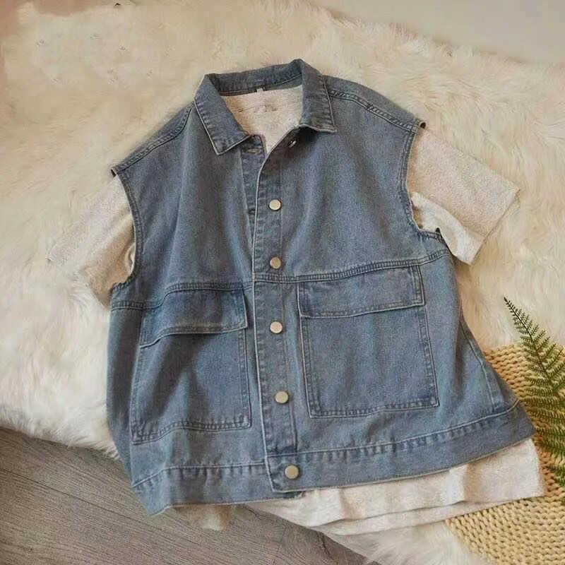 Women's Vests Women's Denim Vest Waistcoat Sleeveless Top Coat Korean Fashion Denim Jacket Loose Leisure Cardigan Basic Style HKD230812