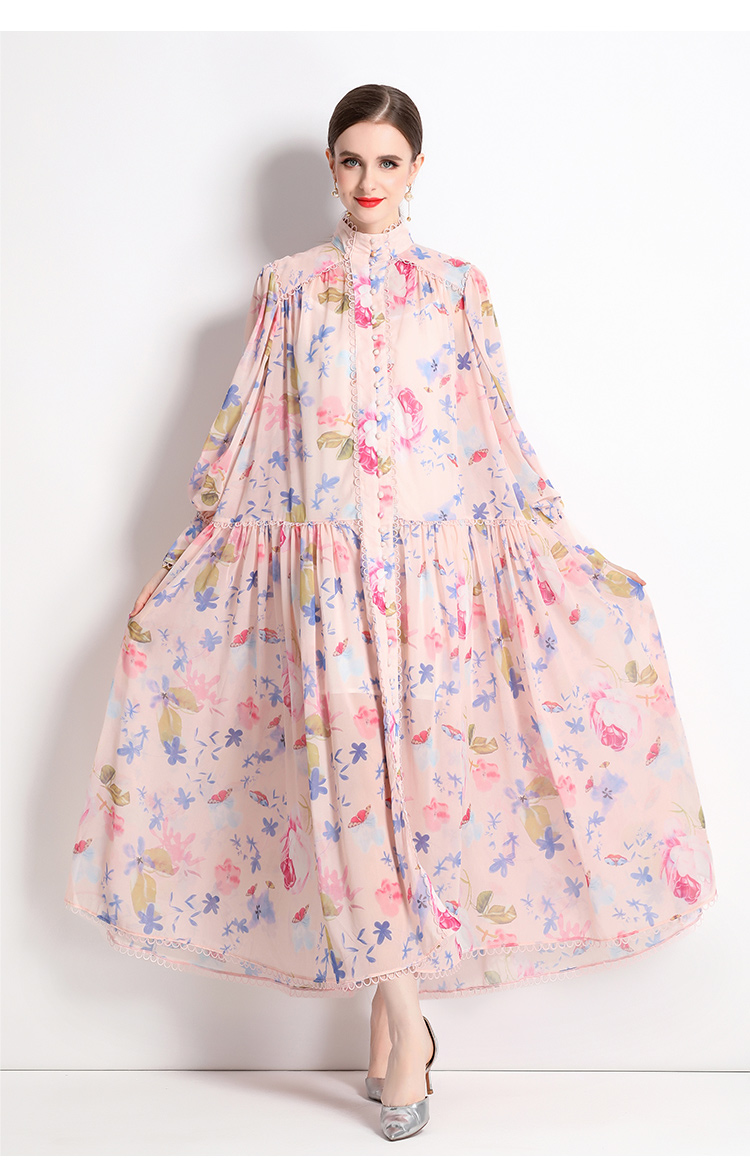 Grundläggande casual klänningar 2024 Autumn Holiday Gorgeous Flower Pink Maxi Dress Women's Long Lantern Sleeve Farterfly Floral Print Belt Pleated Chiffon Vestidos