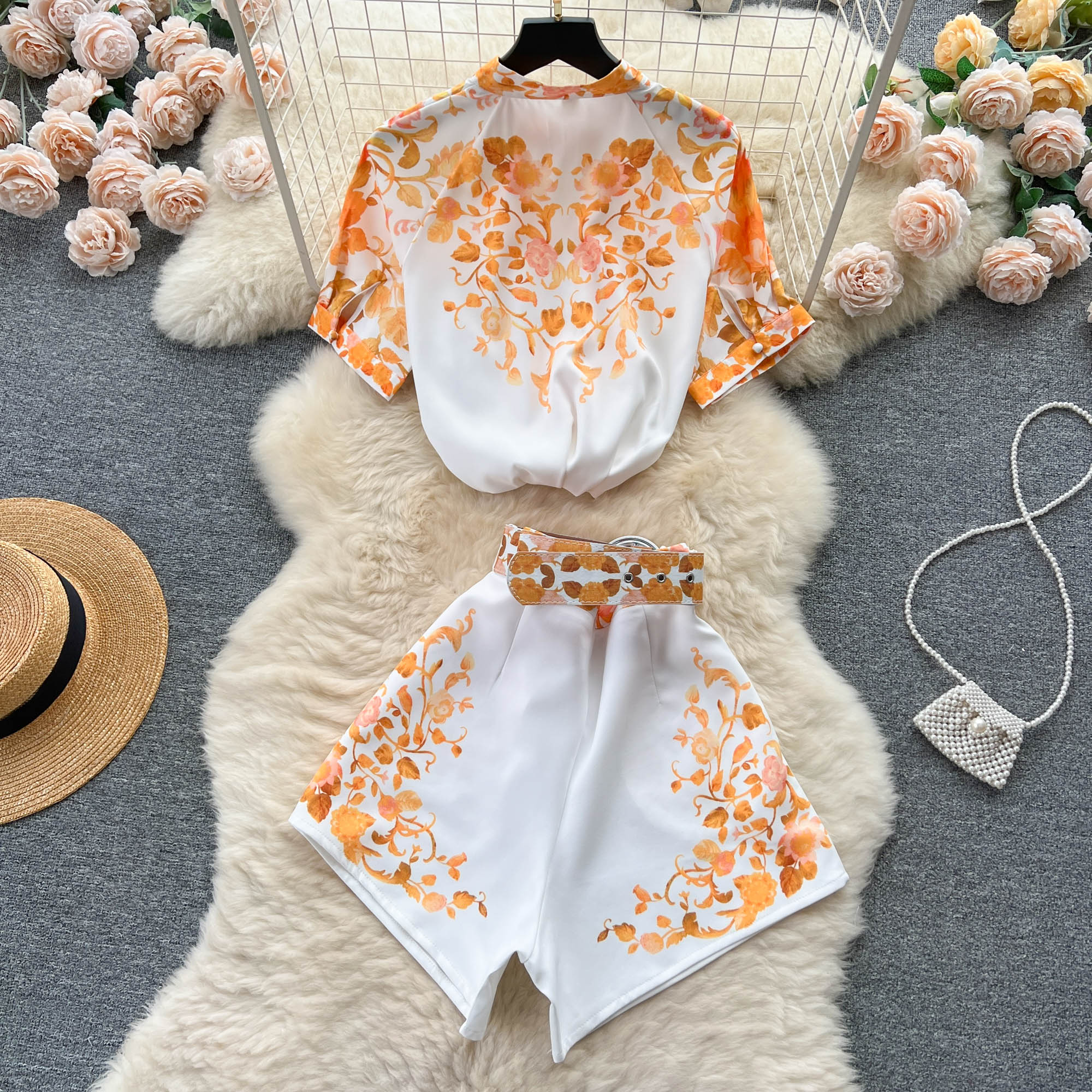 Two Piece Dress Summer New Retro Print Sets Women Stand Collar Single Breasted Short Sleeved Shirt + High Waisted Wide Leg Shorts Two-piece Suits 2024