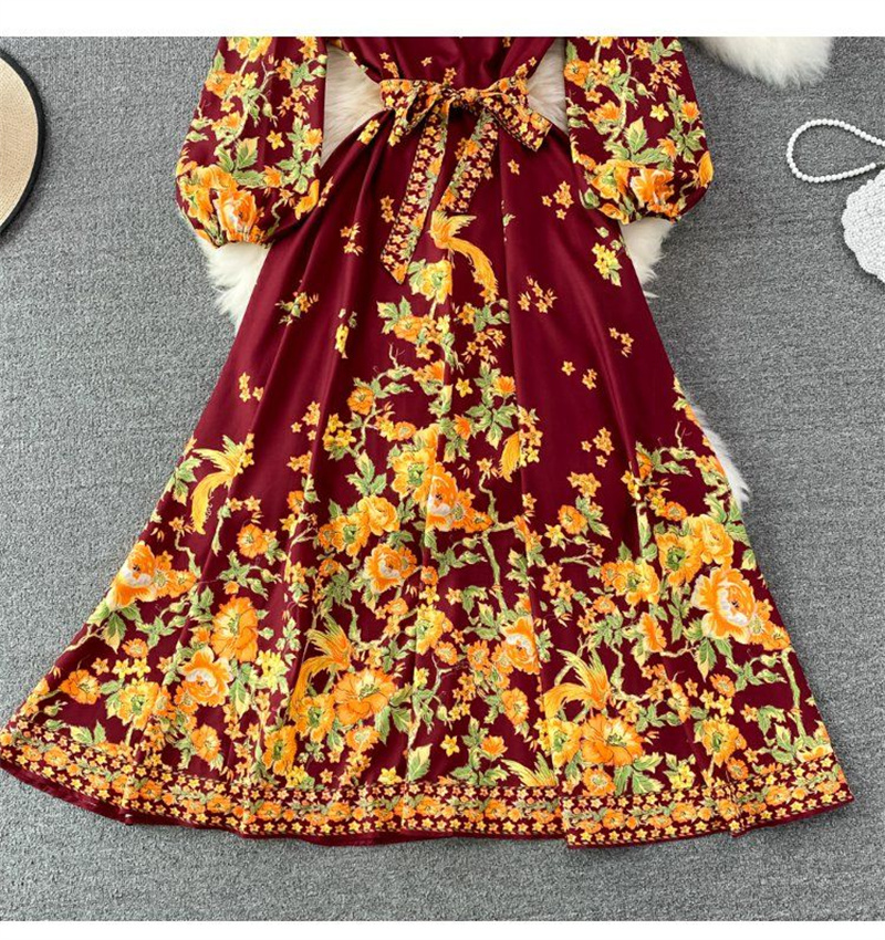 Basic Casual Kleider 2024 Frühlings Sommer Vintage Blumen Druck mittlerer Frauen Kleider Taille Schnürung Langarm O Hals Ladies Kleider Vestidos rot gelb