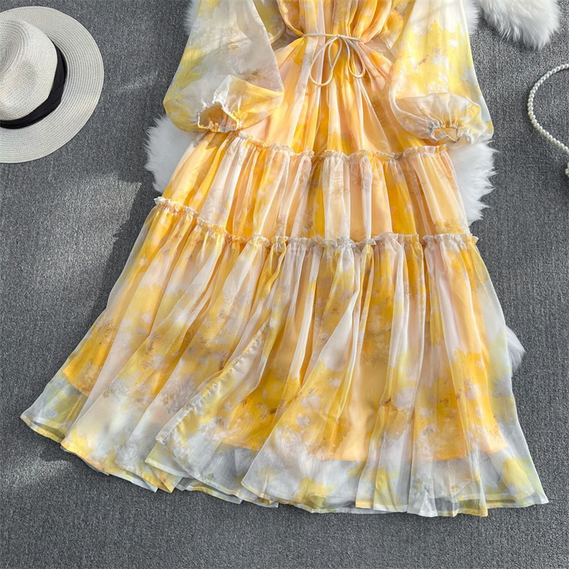 Basic Casual Dresses 2024 Summer Women Sweet Tie-dye Print Dress Mid-Length O-neck Lantern Sleeve Yellow Green Ladies Print Chiffon A-line Dresses Vestido