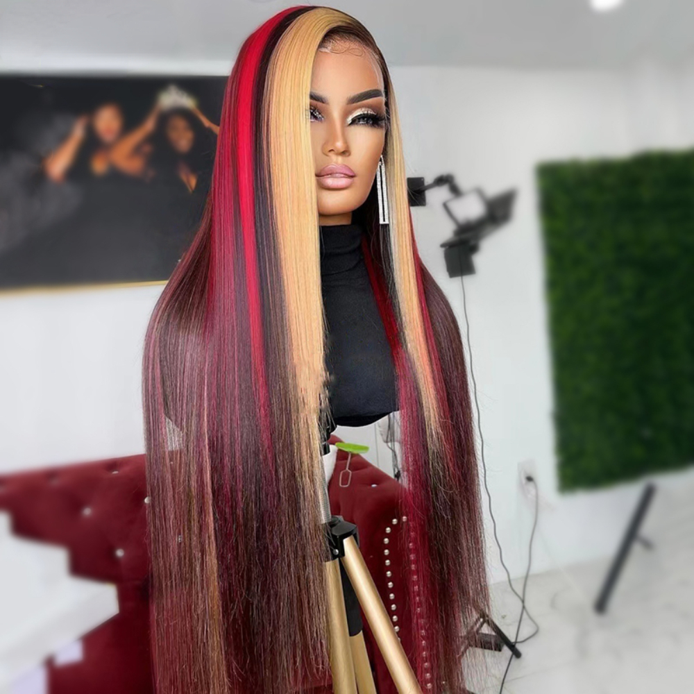 Markera röd blondin färgad rak kroppsvåg Glueless peruk föregångad 13x4 spets frontala mänskliga hår peruk syntetik för kvinnor