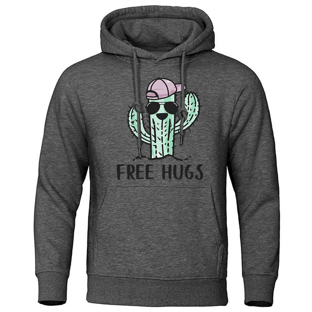 Gratis kram från spiny cactus tryck hoodies mens vintage ficka tröja varm lös topps personlighet fleece hoodie för män hkd230725