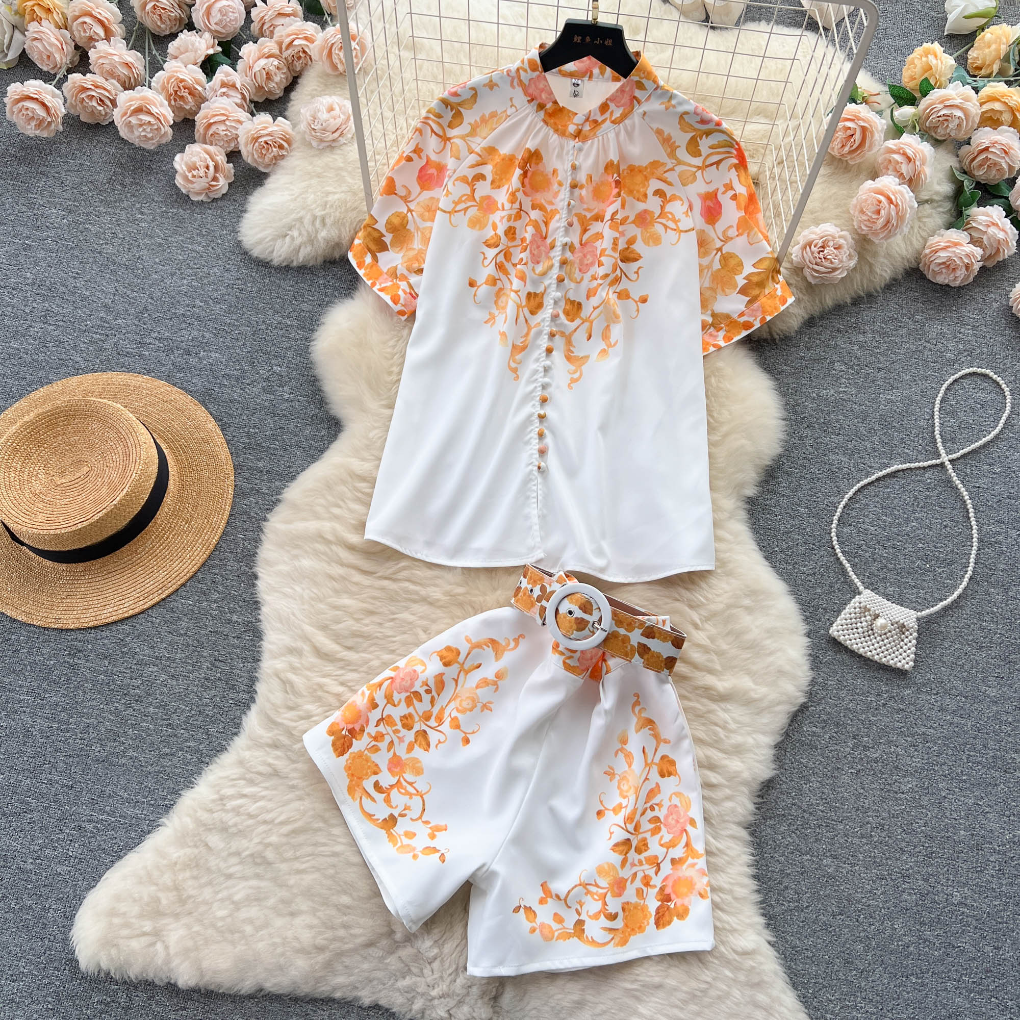 Two Piece Dress Summer New Retro Print Sets Women Stand Collar Single Breasted Short Sleeved Shirt + High Waisted Wide Leg Shorts Two-piece Suits 2024