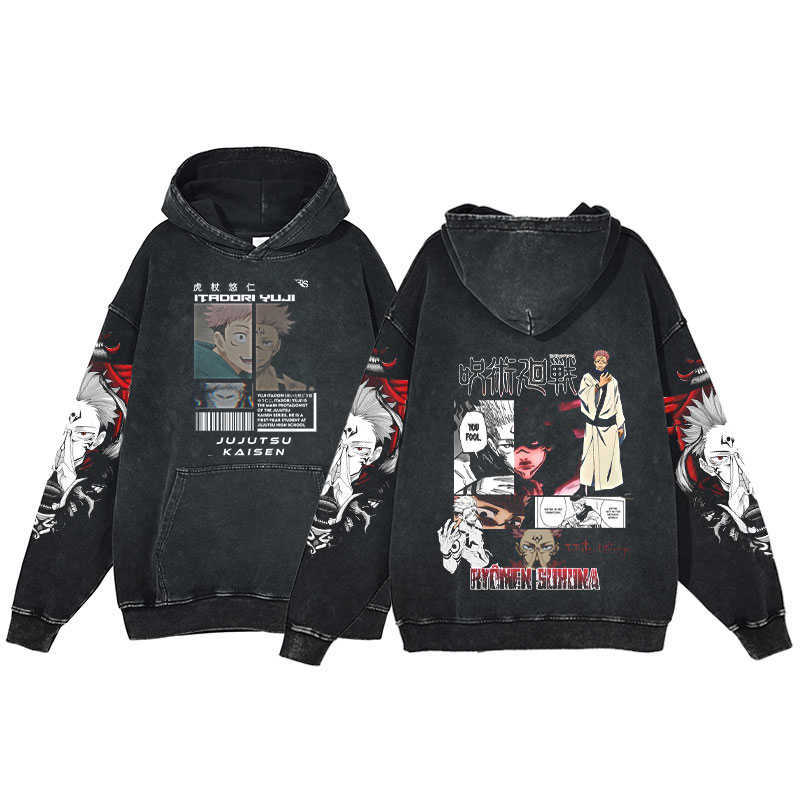 Men Oversized Anime Hoodies Jujutsu Kaisen Vintage Graphic Washed Hoodie Harajuku Streetwear Loose Cotton Tops Winter Sweatshirt HKD230725