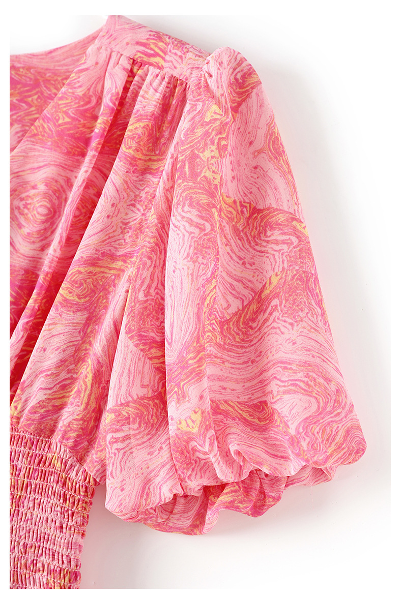 2023 Summer Pink Floral Print Dress Short Sleeve V-Neck-knappar MIDI Casual Dresses W3Q064506