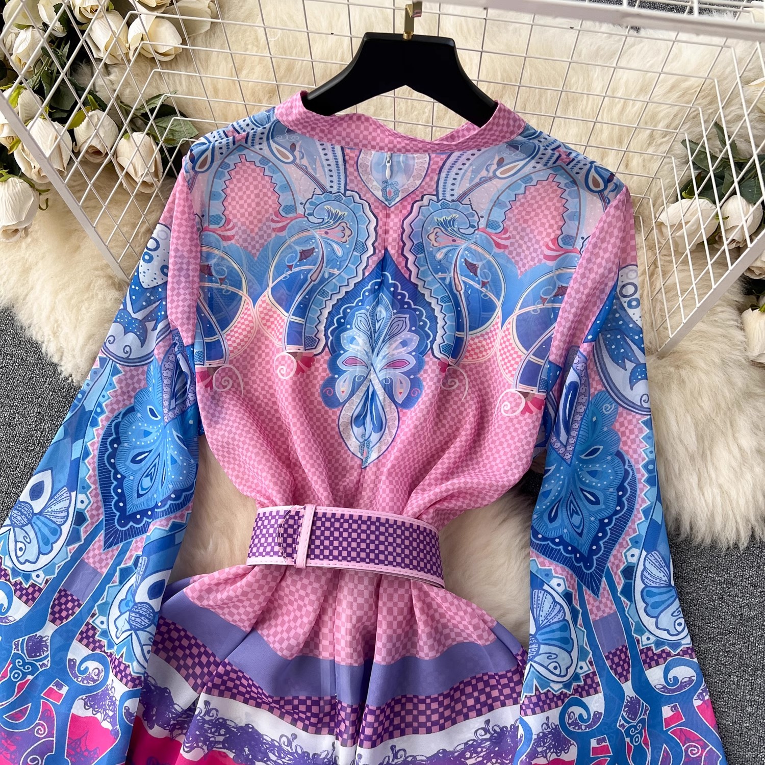 Temel Sıradan Elbiseler 2024 Sonbahar Moda Vintage Paisley Elbise Kadın Stand Yakası Kemeri Uzun Parlama Kolu Çiçek Baskılı Şifon Çöp Femme Vestidos