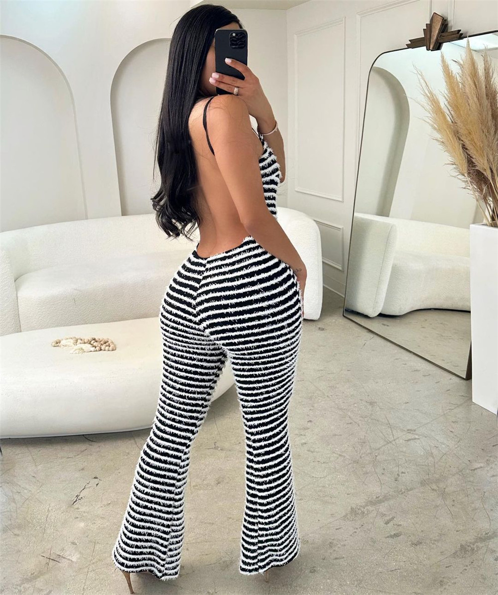 Designer Sexy Backless Jumps Curchs Summer Femmes Spaghetti Strap Bodycon Rompers Sans manches rayées One Piece Savel Pantalon Flare Wholesale Clothes 10079