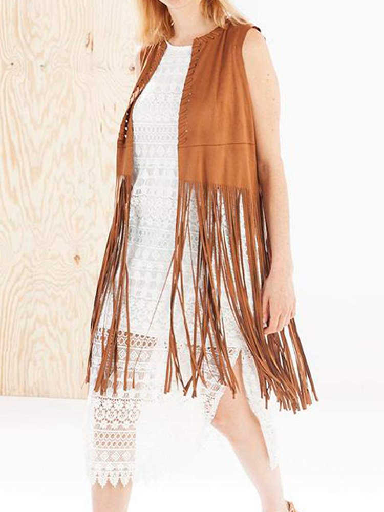 Gilet pour femmes Western Cowboy Style en daim féminin Extra-Long Frdged Gilet All-Match Folk-Custom Desert Beach Vacation Gest SHAWL