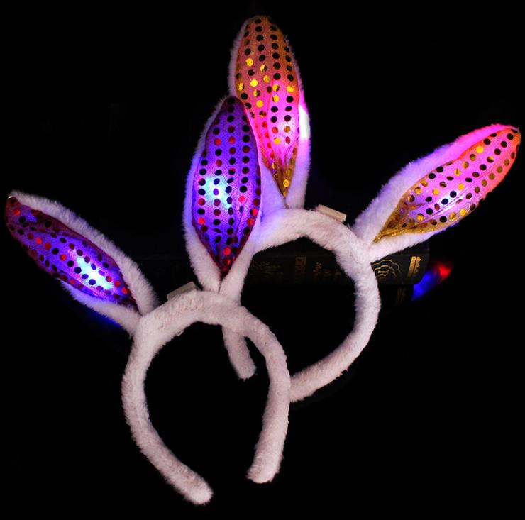 LED Bunny Ears Headband Light Up Flashing Fluffy Rabbit Ear Headbands Sequins Headdress Costume Cosplay Hairband Woman Halloween Christmas Easter Gifts SN4206