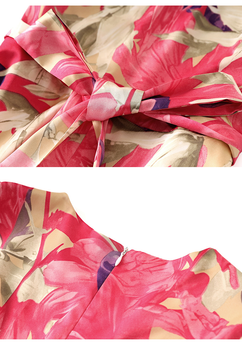 2023 Zomer roze bloemenprint taille randen jurk met korte mouwen ronde nek knie-lengte casual jurken w3q014102