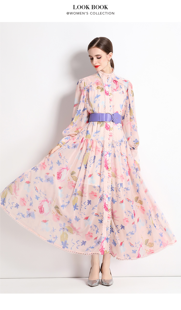 Grundläggande casual klänningar 2024 Autumn Holiday Gorgeous Flower Pink Maxi Dress Women's Long Lantern Sleeve Farterfly Floral Print Belt Pleated Chiffon Vestidos