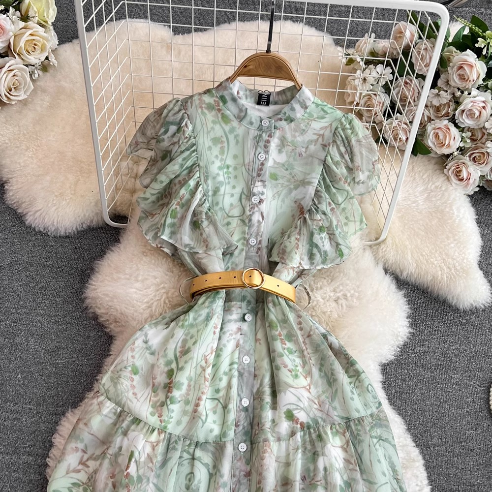 Grundläggande avslappnade klänningar 2024 Summer Elegant Flower Chiffon Long Dress Women's Futterfly Sleeve O Neck Single-Breasted Belt Floral Print Robeparty Vestidos