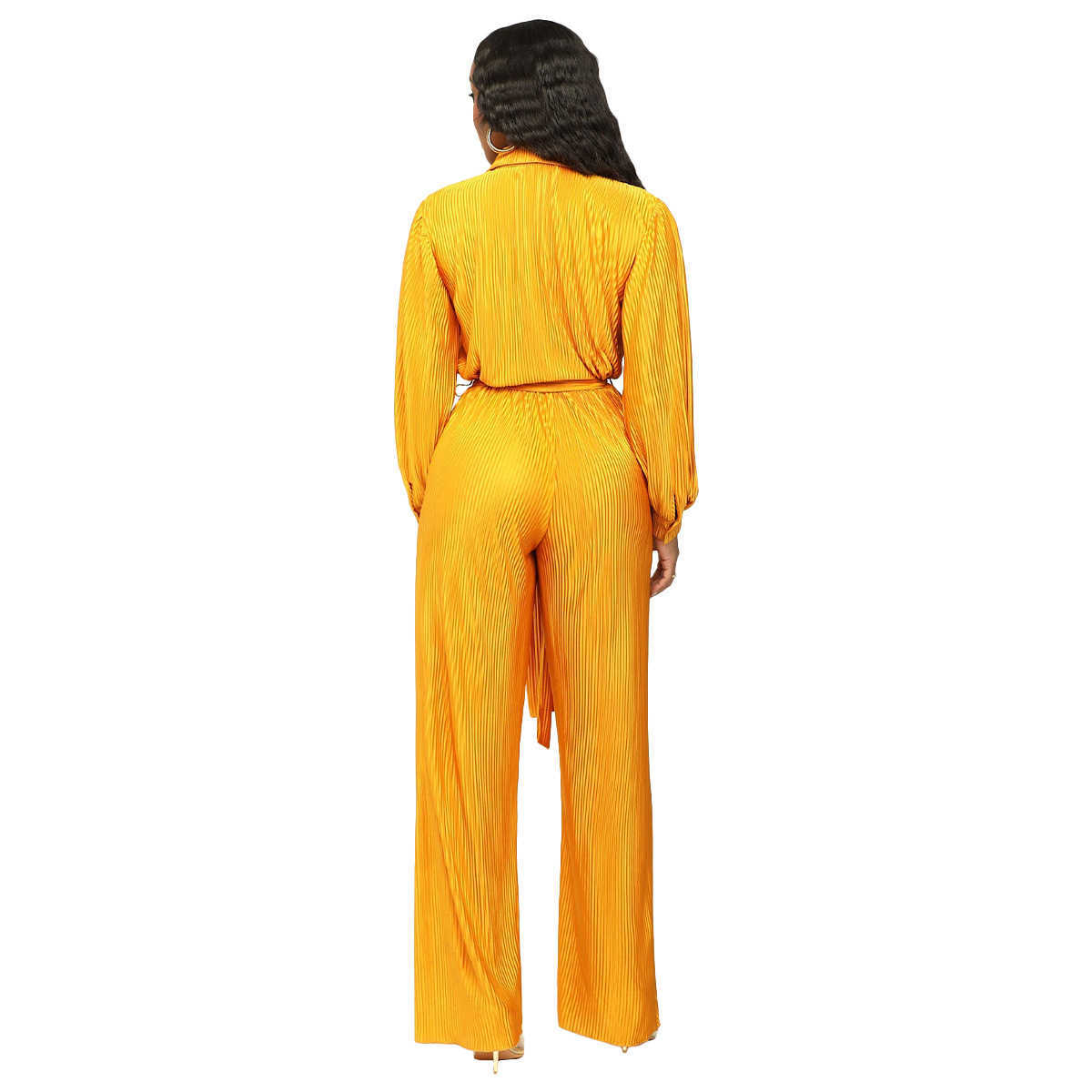 2023 herfst nieuwe dames jumpsuit mode massieve kleur bodysuit geplooide revers nek lange mouwen shirt wijd been broek rompelen jumpsuits met riem