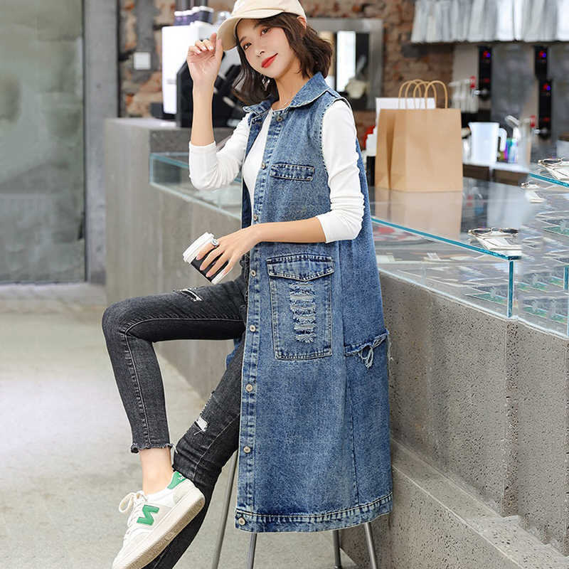 Kvinnors västar 2023 Spring Summer Jeans Vest Long Cardigan Denim Jacket Paljett ärmlösa Outwear Kvinnliga klädhål Rockar Vest Cowboy Tops HKD230812