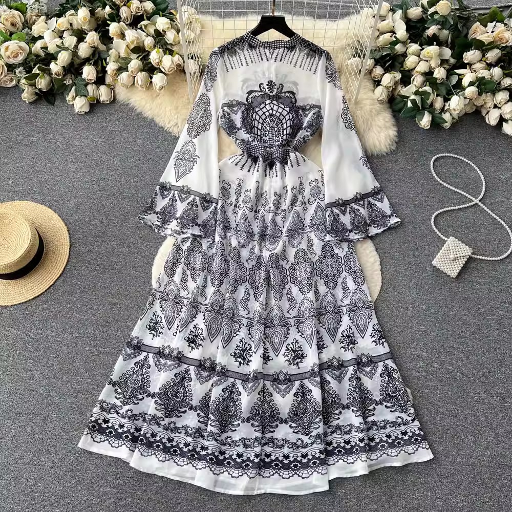 Grundläggande avslappnade klänningar 2024 Summer Vintage Ethnic Black Paisley Chiffon Dress Women's Stand Collar Long Flare Sleeve Printed Holiday Robe Femme Vestidos