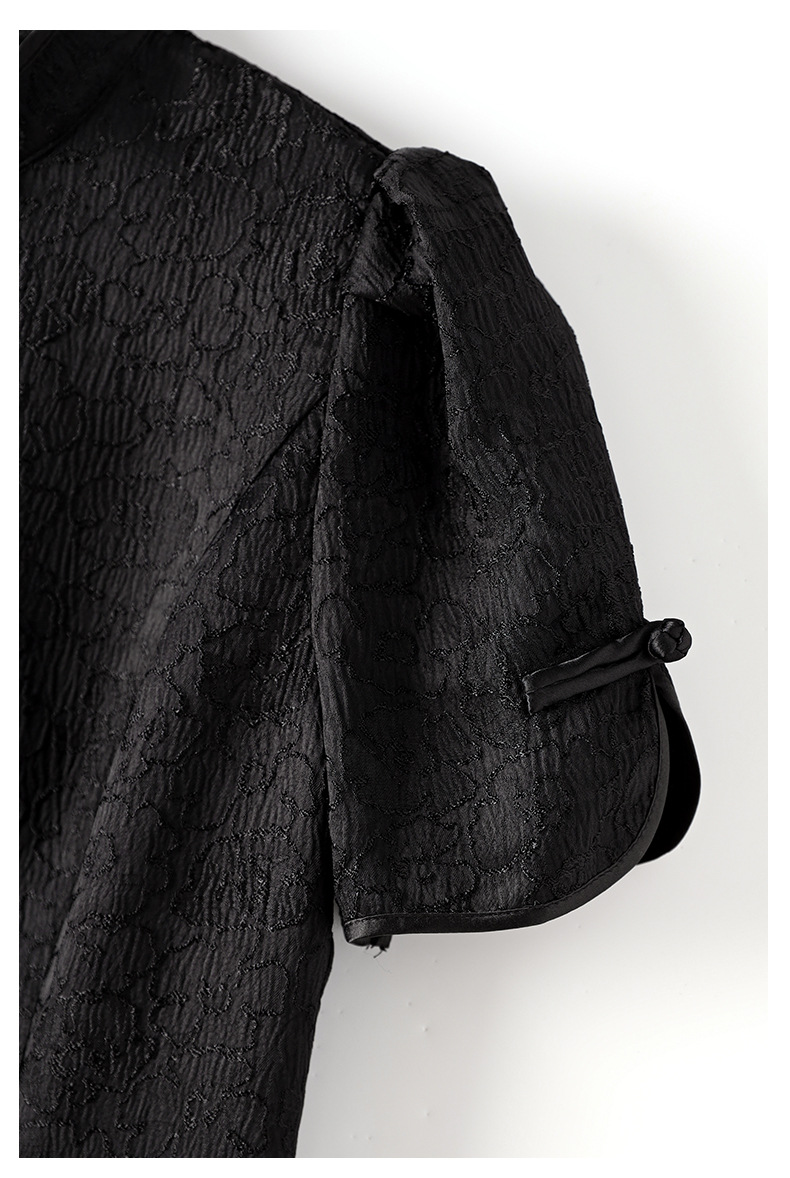 2023 Summer Black Solid Color Jacquard Dress Kort ärmstativ Kull Knäslängd Casual Dresses W3Q064604