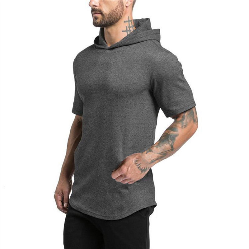 Size M-2XL Men's Summer Thin Cotton Sports Hooded T Shirt Solid Muscle Slim Breathable Fitness Training Short-sleeved T-shirt With Hoody