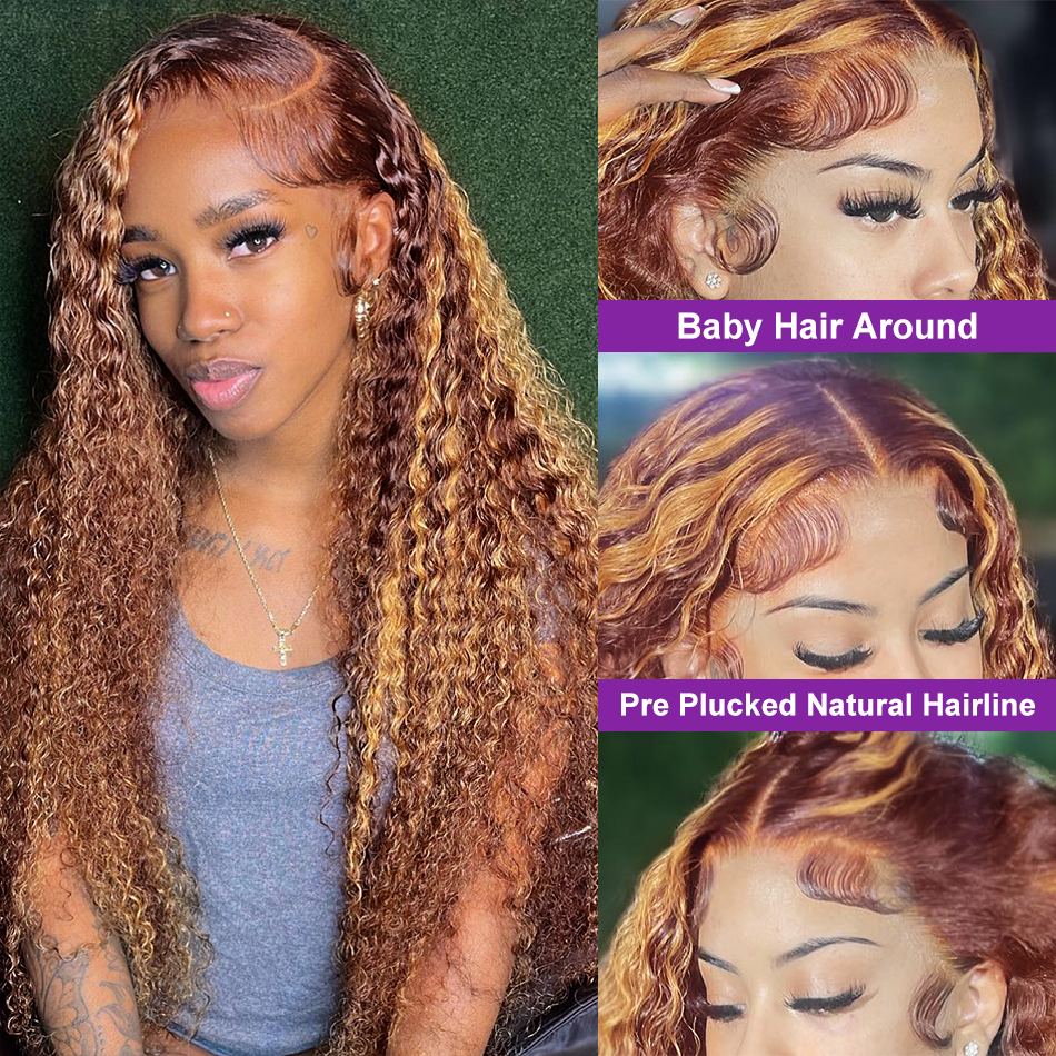 30 Inch Highlight Honey Brown Curly Lace Front Human Hair Wigs 220%density 13x6 13x4 Remy Ombre Colored Deep Wave Lace Frontal Wig for Women