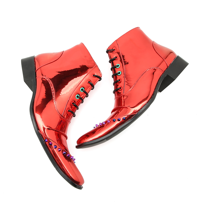 British Style Performance Party Shoes Fashion Rivet apontou o Oxfords Boots Original Patent Leather Men Derby Boots