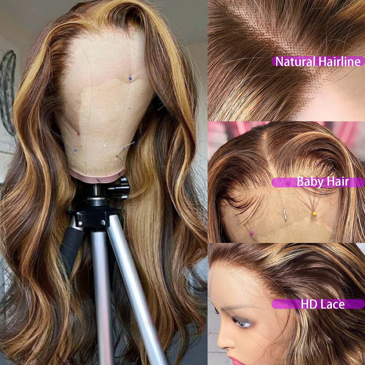 Body Wave Highlight Honigbrauner Spitze vordere Haar Perücken 220%Dichte 4x4 Verschluss 30 Zoll Remy Ombre farbige Spitze Frontalperücke für Frauen