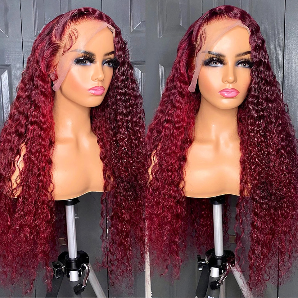 13x6 HD Lace Frontal Wig 30 32 34 99j Burgundy 360 220%density Full Curly Lace Front Human Hair Wigs Red Colored 13x4 Deep Wave Frontal Wig