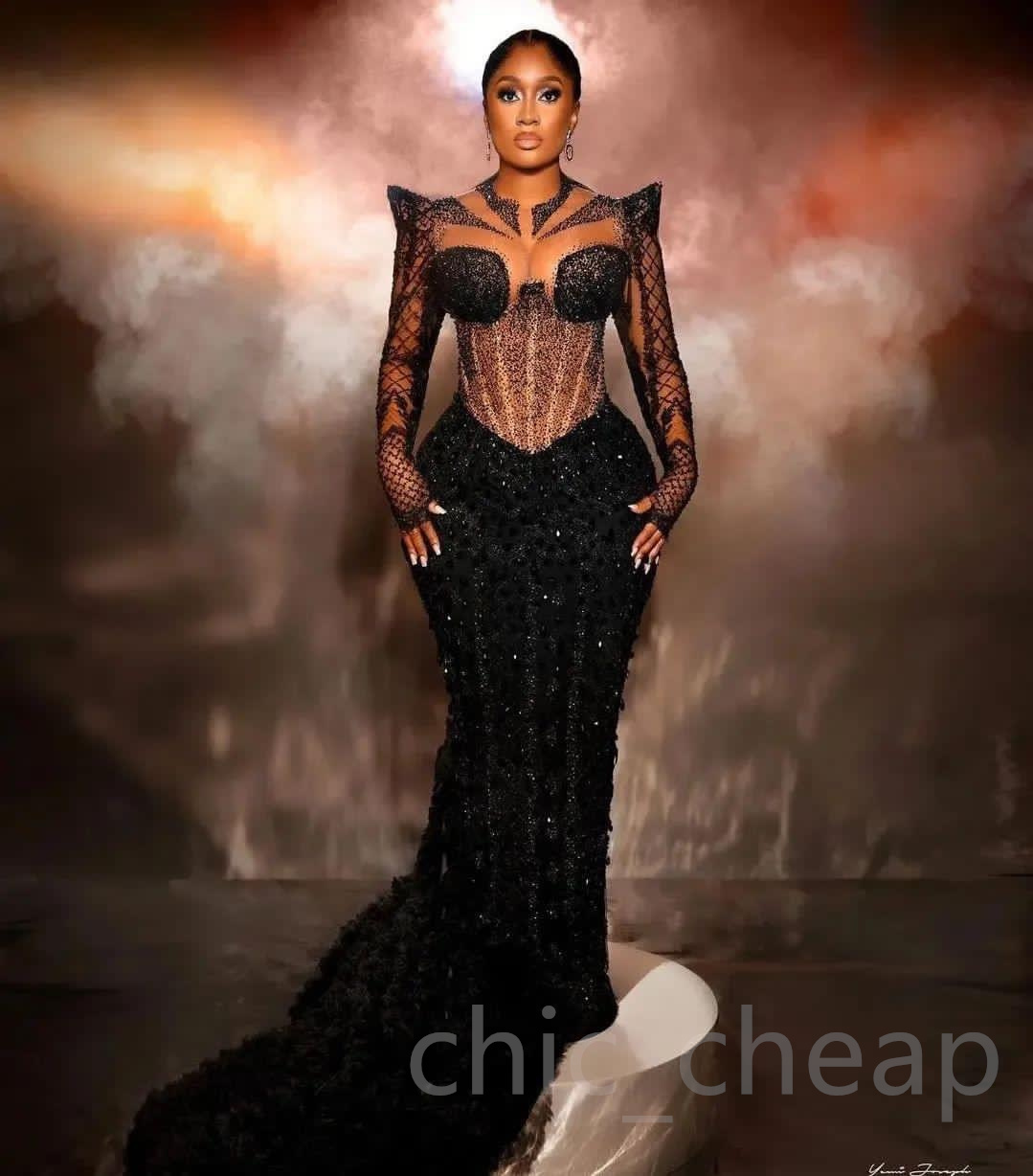 2023 August Aso Ebi Mermaid Black Prom Dress Sequined Lace Beaded Evening Formal Party Second Reception Birthday Engagement Gowns Dresses Robe De Soiree ZJ794