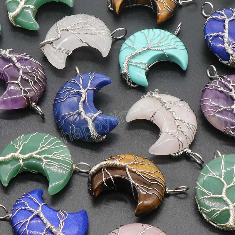 Tree of Life Natural Crystal Moon Pendant Reiki Healing Stone Wire Wrapped Crescent Moon Pendant Necklace for Women Men