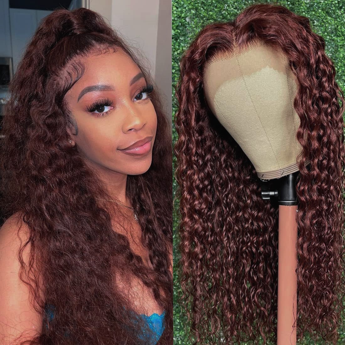 220%Dichtheid Bruine Kinky Kinky Curly Braziliaans haar 13x4 Lace Voorpruiken voor vrouwen Koper Red Voorgeplukt met Baby Hair Lace gesloten pruik