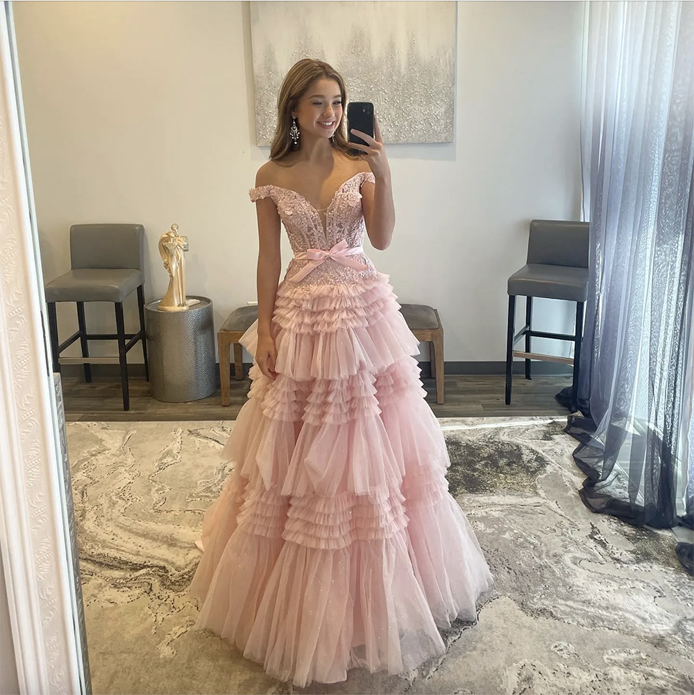 Off Shoulder Pink Prom Dresses Sequins Appliques Party Evening Dress Bone Bodice Long Special Occasion dress