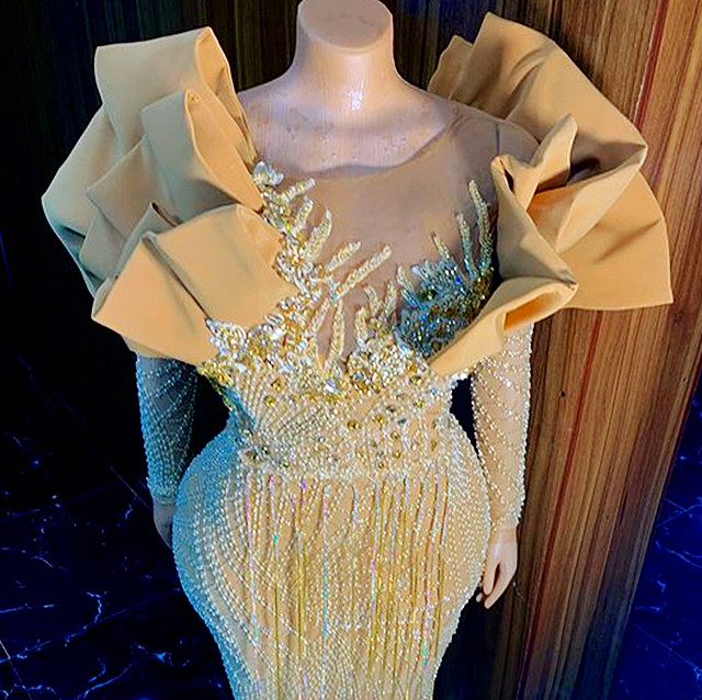 2023 août Aso Sirène Gold Prom Dress Crystals Crystals Sexy Soirée Fête formelle Deuxième réception Robes de fiançailles d'anniversaire Robe de Soiree ZJ785