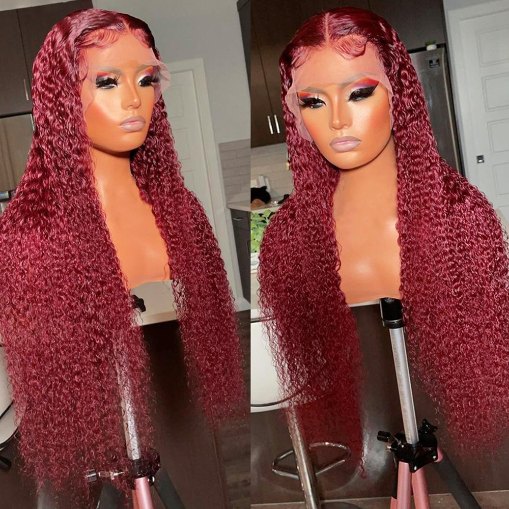 13x6 HD Transparent 99J Röd peruk Burgandy Curly Spets Frontal Human Hair Wigs 220%Densitet Deep Wave 13x4 Spets Frontal Wig Colored Glueless peruk