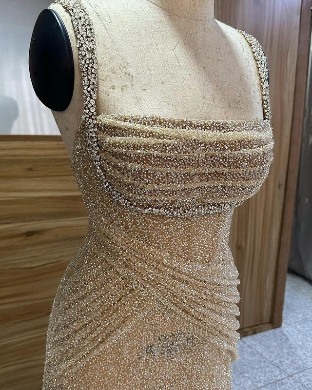 2023 August Aso Ebi Gold Mermaid Prom Dress Crystals Sequined Lace Evening Formal Party Second Reception Birthday Engagement Gowns Dresses Robe De Soiree ZJ795