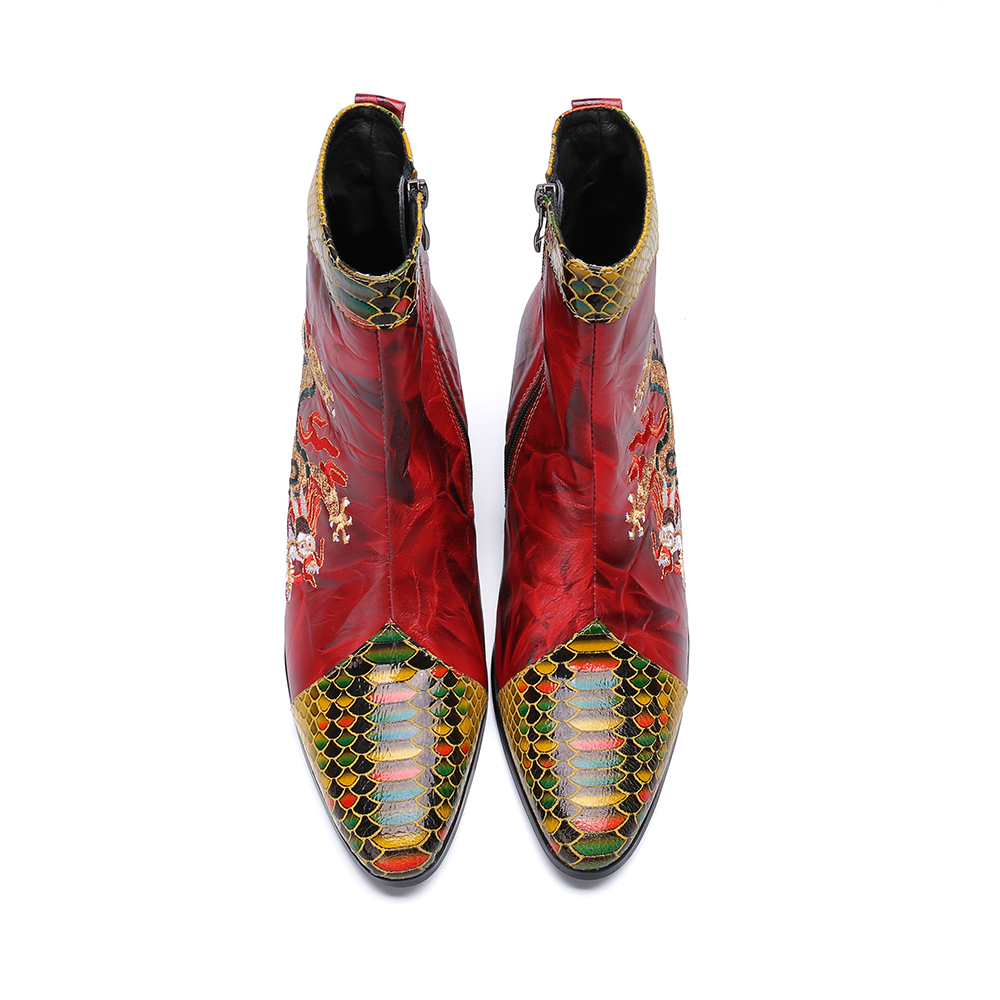 الأصلي صيني تنين سحاب حذاء الأزياء بالإضافة إلى الحجم مدبب إصبع القدم في الكاحل الأحذية الاجتماعية عالية الكعب الرجال أحذية قصيرة