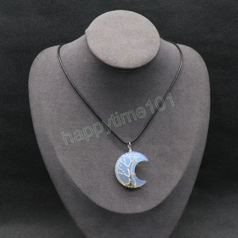 Tree of Life Natural Crystal Moon Pendant Reiki Healing Stone Wire Wrapped Crescent Moon Pendant Necklace for Women Men