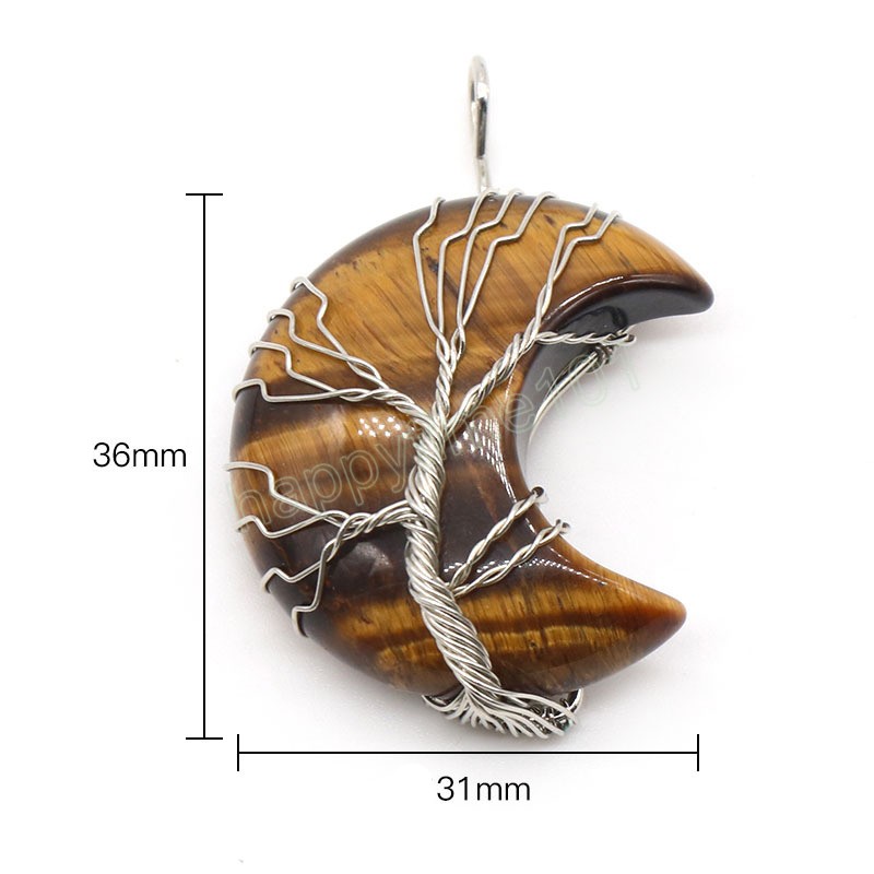 Tree of Life Natural Crystal Moon Pendant Reiki Healing Stone Wire Wrapped Crescent Moon Pendant Necklace for Women Men