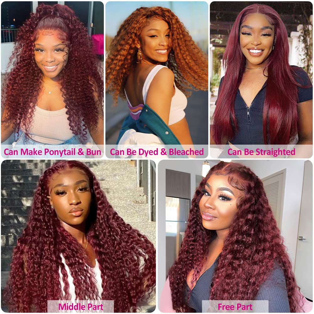 Colored Lace Front Human Hair Wigs Curly 220%density 13x6 Hd Lace Frontal Wig for Women Deep Wave Burgundy 13x4 Transparent Glueless Red Wig
