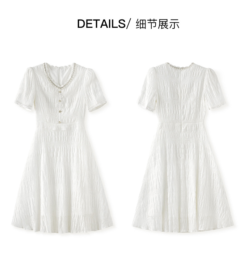 2023夏の白いソリッドカラーパネルレースドレス半袖Vネックミディカジュアルドレスw3l043706