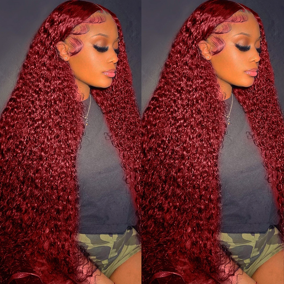 13x6 HD Lace Frontal Wig 30 32 34 99j Burgundy 360 220%density Full Curly Lace Front Human Hair Wigs Red Colored 13x4 Deep Wave Frontal Wig