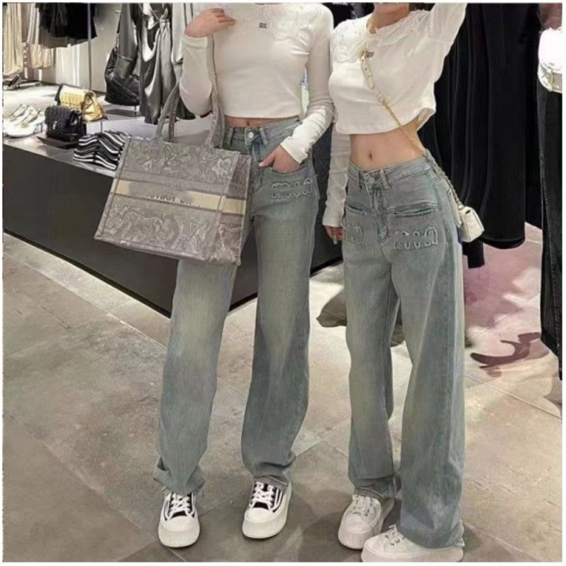 2023 Summer Nuovi pantaloni gamba dritta in denim Mi figura a forma di pera femminile, vita alta, fila dimagrante e copertura, vita alta, pantaloni a gamba larga versatile